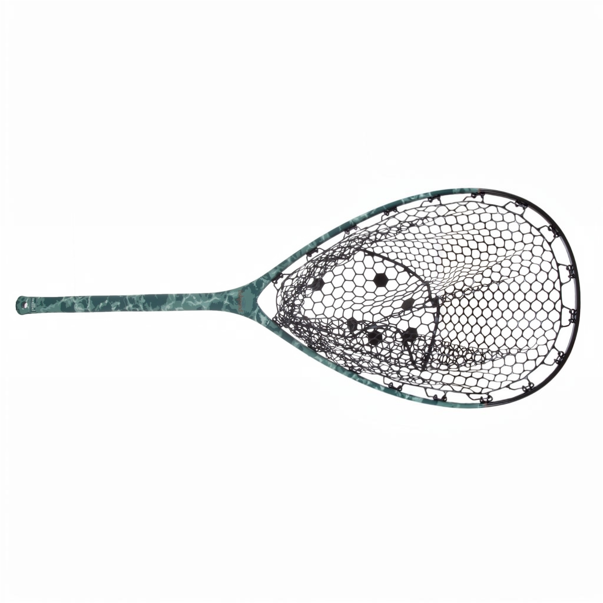 Fishpond fishing net with a camouflage handle on a white background