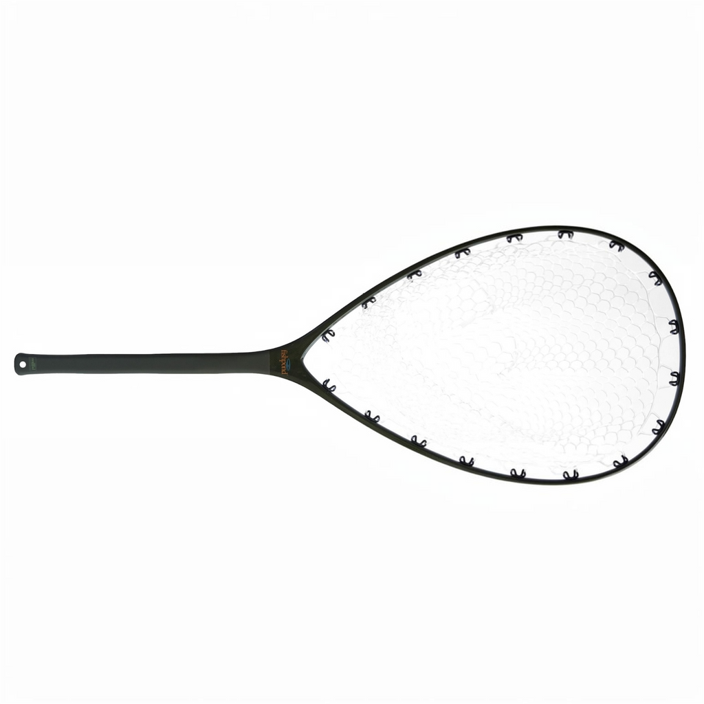 Fishpond landing net with a clear net on a white backgrounde