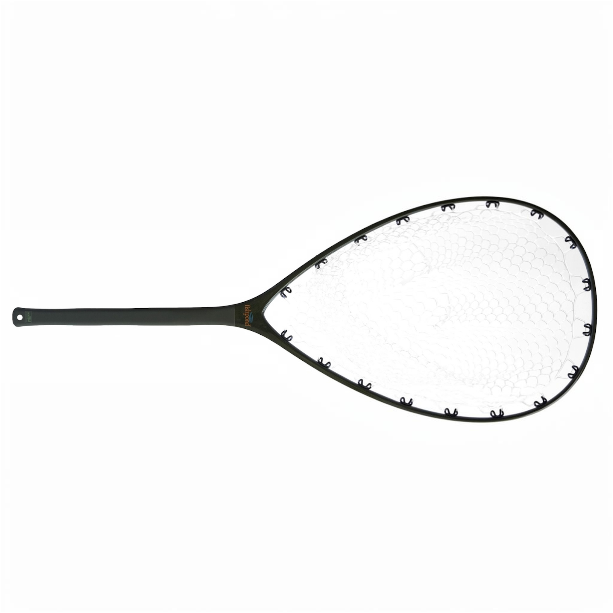 Fishpond landing net with a clear net on a white backgrounde