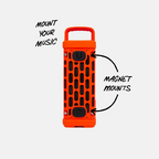 Orange portable speaker with text indicating 'Mount Your Music' and 'Magnet Mounts' on a white background