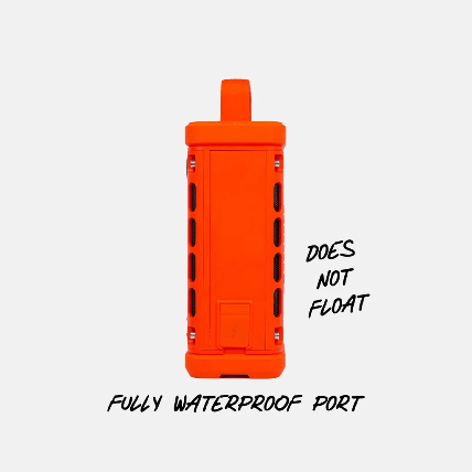 An orange waterproof device or battery pack shown from the back on a light gray background, with handwritten text reading 'DOES NOT FLOAT' and 'FULLY WATERPROOF PORT'.
