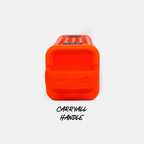 Bright orange Turtlebox carryall handle with embossed brand name, shown on a light gray background with the text 'CARRYALL HANDLE' below.