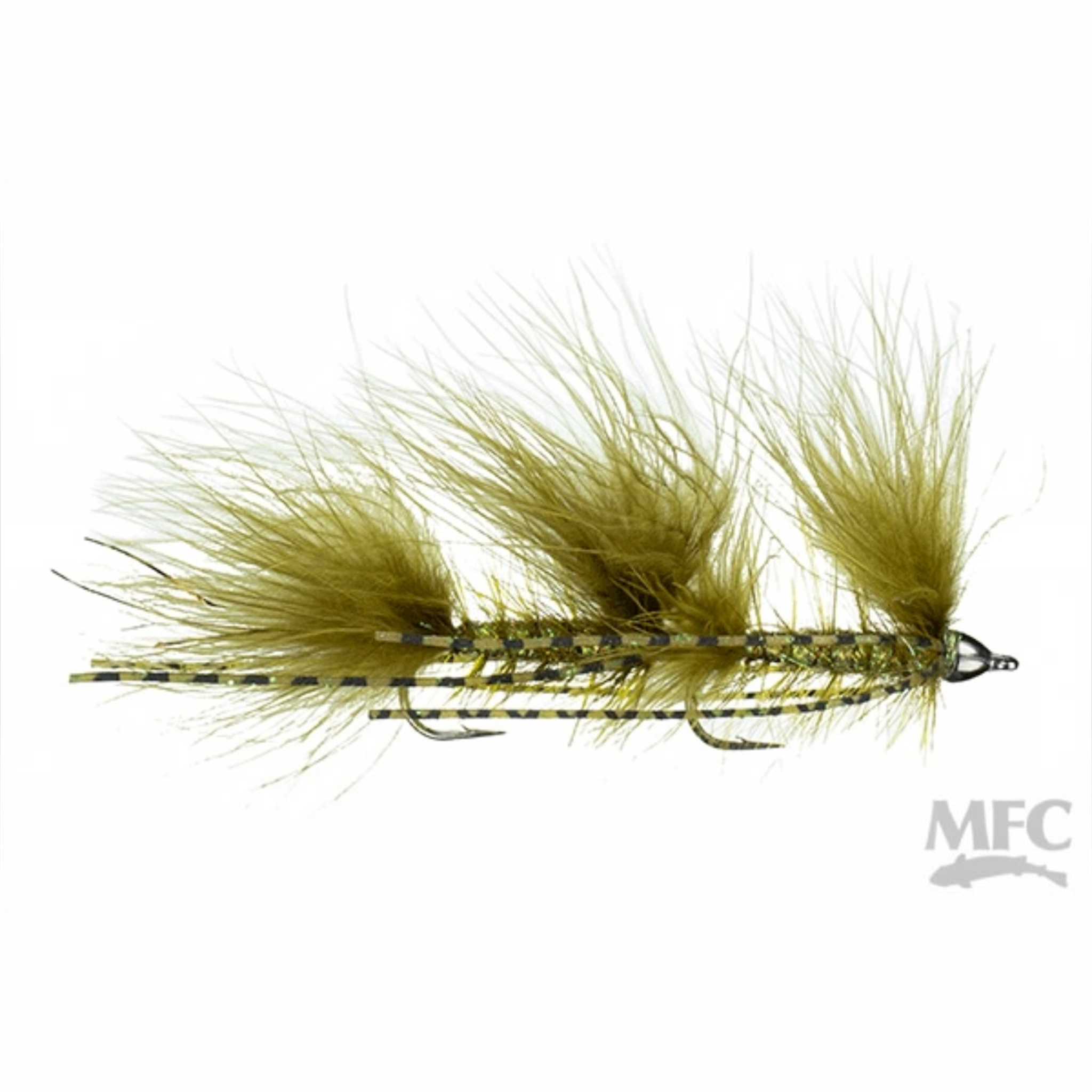 Fishing fly with green and brown feathers on a white background, featuring the MFC logo.