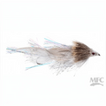 A fly fishing lure with a textured beige and brown body, white hackle feathers, and blue and silver glitter fibers, shown on a plain white background with an MFC logo in the bottom right corner.