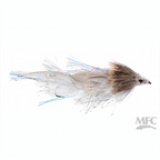 A fly fishing lure with a textured beige and brown body, white hackle feathers, and blue and silver glitter fibers, shown on a plain white background with an MFC logo in the bottom right corner.