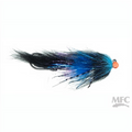 A fly fishing fly with a bright orange bead head, black and blue body, and black and blue hackle feathers, shown on a plain white background with an MFC logo in the bottom right corner.