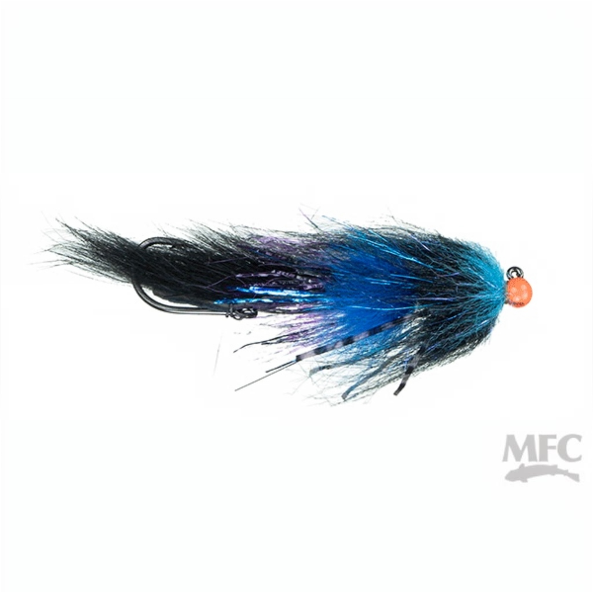 A fly fishing fly with a bright orange bead head, black and blue body, and black and blue hackle feathers, shown on a plain white background with an MFC logo in the bottom right corner.