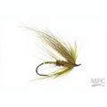 A single fly fishing lure with a dark hook, a yellow and brown body, and tan hackle feathers, shown on a plain white background with an MFC logo in the bottom right corner.