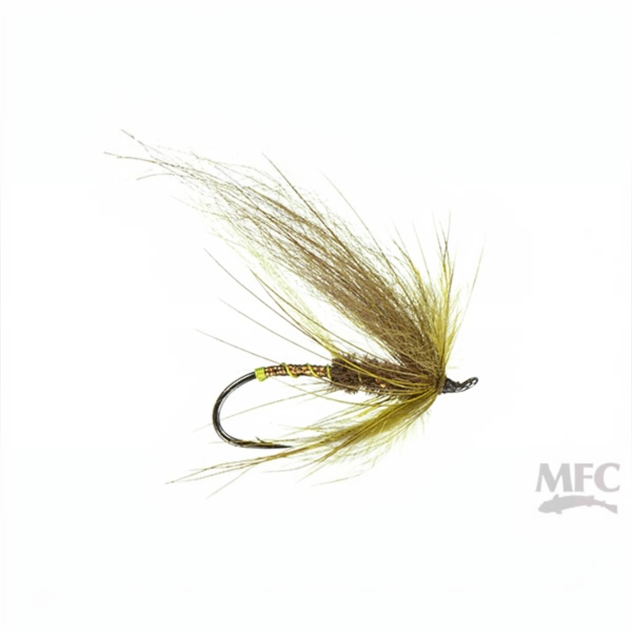 A single fly fishing lure with a dark hook, a yellow and brown body, and tan hackle feathers, shown on a plain white background with an MFC logo in the bottom right corner.