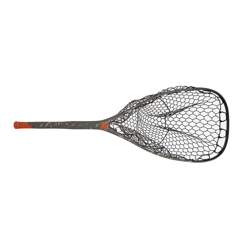 A fly fishing net with a dark gray and black frame, black mesh, and an orange handle grip, shown against a plain white background.