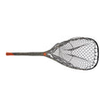 A fly fishing net with a dark gray and black frame, black mesh, and an orange handle grip, shown against a plain white background.