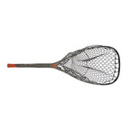 A fly fishing net with a dark gray and black frame, black mesh, and an orange handle grip, shown against a plain white background.