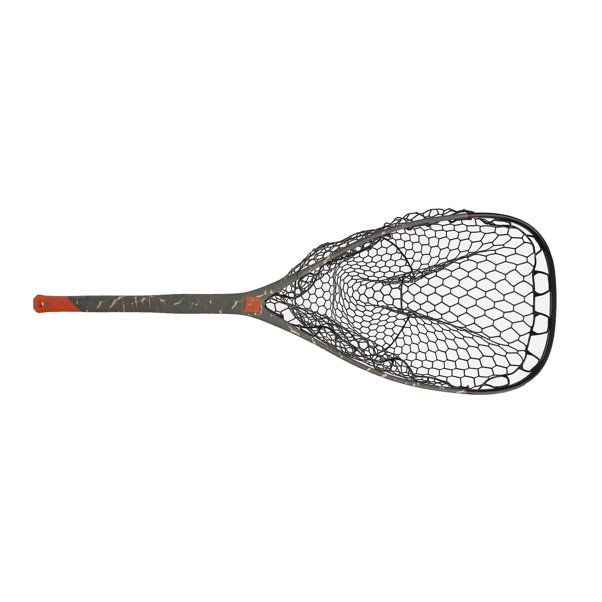 A fly fishing net with a dark gray and black frame, black mesh, and an orange handle grip, shown against a plain white background.
