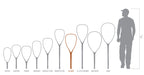 A size comparison graphic showing different fishing nets models and a human silhouette for scale on a white background. The nets are arranged by size, with a gray player silhouette and a 6-foot marker on the right.