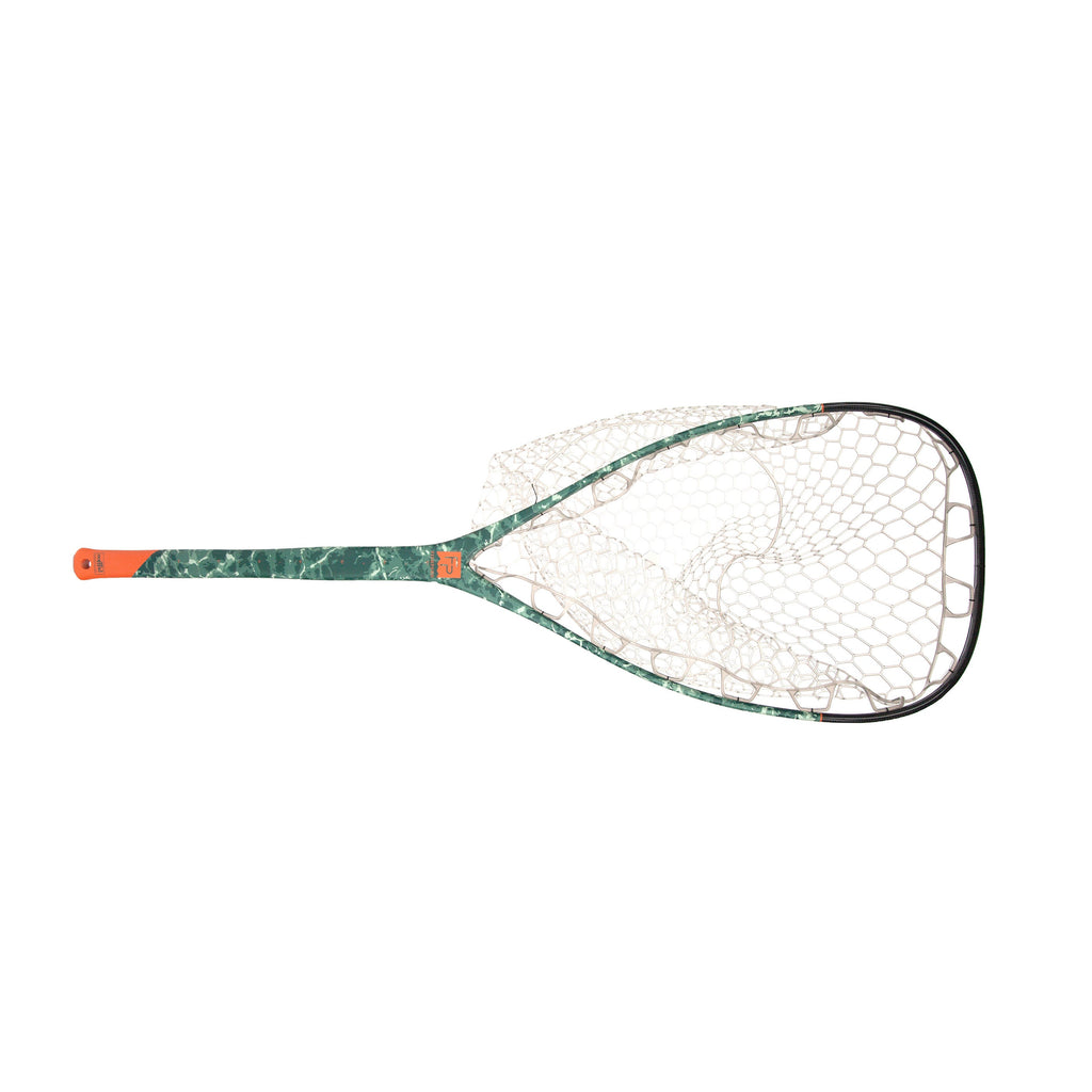 A fishing net with a green and white marble-patterned frame, white mesh, and an orange handle grip, shown against a plain white background.