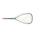 A fishing net with a green and white marble-patterned frame, white mesh, and an orange handle grip, shown against a plain white background.