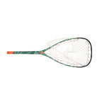 A fishing net with a green and white marble-patterned frame, white mesh, and an orange handle grip, shown against a plain white background.