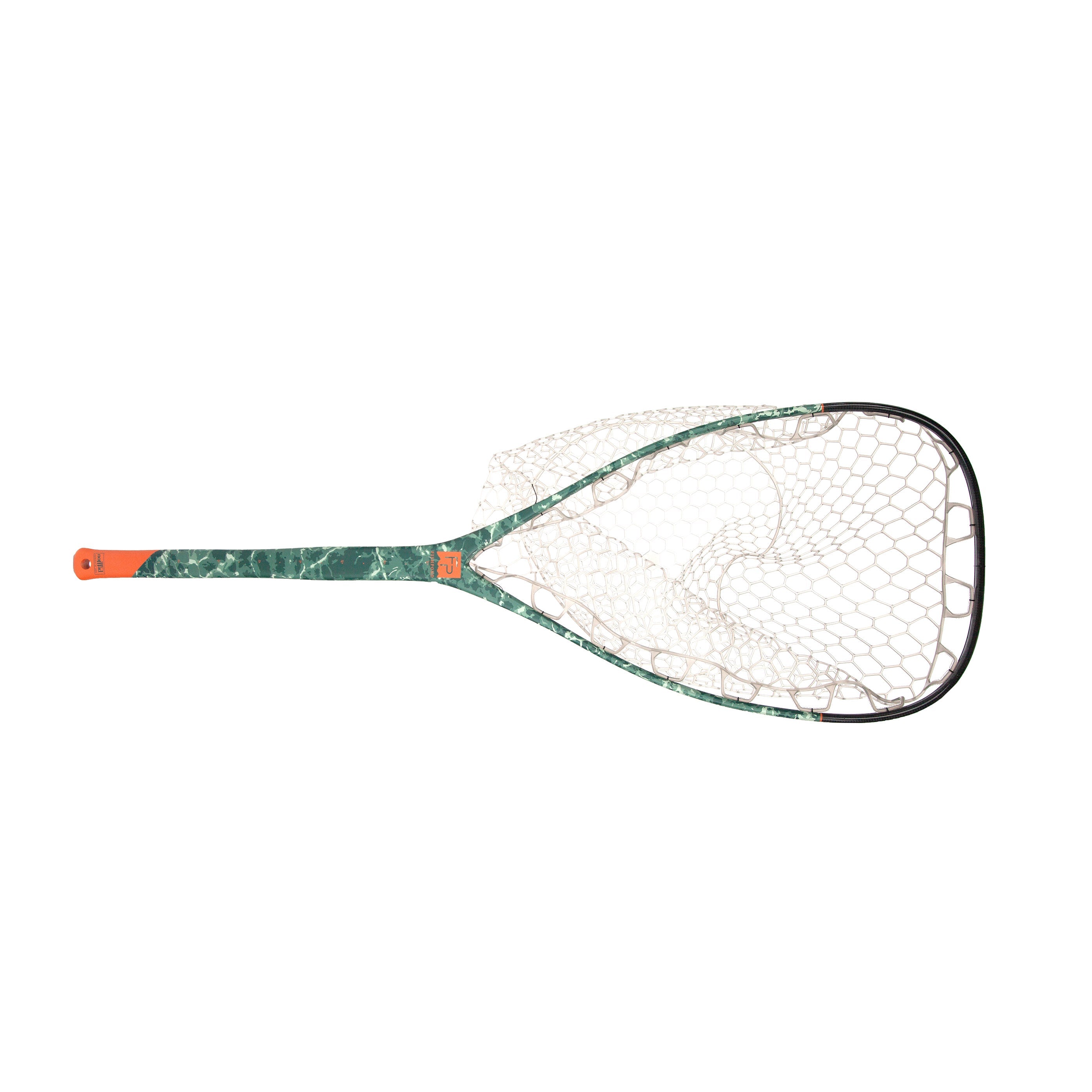 A fishing net with a green and white marble-patterned frame, white mesh, and an orange handle grip, shown against a plain white background.