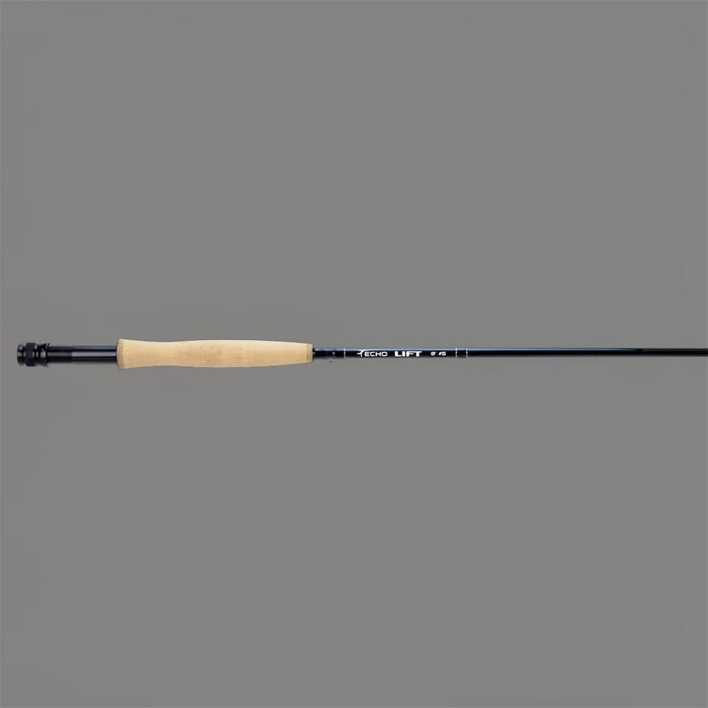A fly fishing rod with a black carbon shaft, a light tan cork grip, and a black reel seat, shown horizontally against a solid gray background.