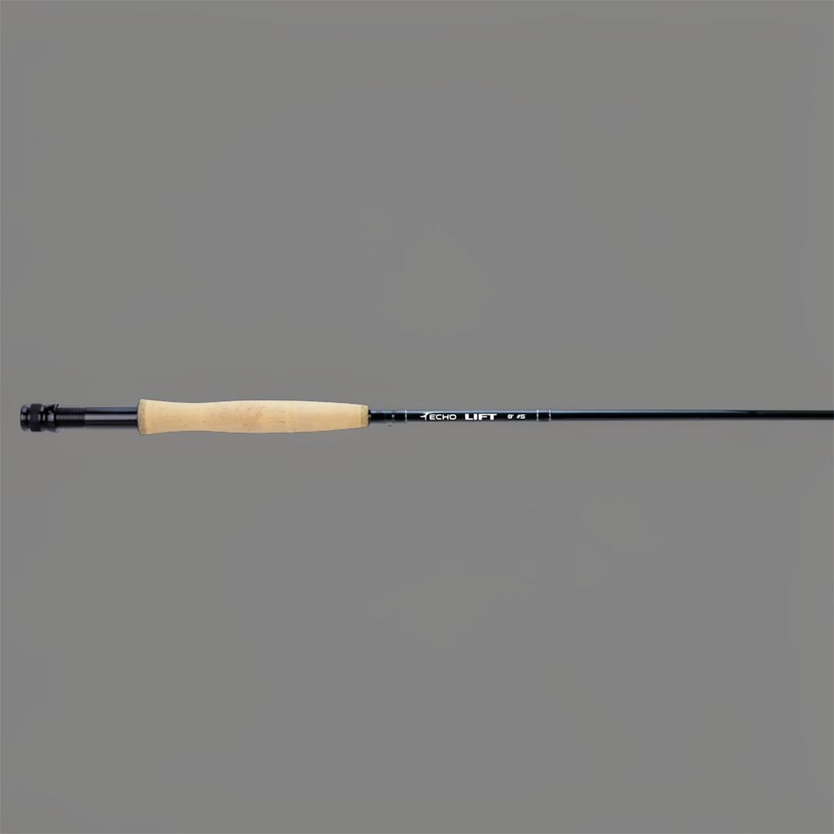 A fly fishing rod with a black carbon shaft, a light tan cork grip, and a black reel seat, shown horizontally against a solid gray background.