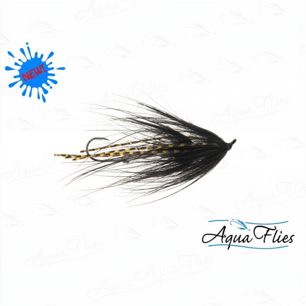 A fly fishing lure with black hackle feathers and gold-and-black striped body fibers, shown on a white background with AquaFlies branding and a blue 'NEW!' badge.