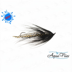A fly fishing lure with black hackle feathers and gold-and-black striped body fibers, shown on a white background with AquaFlies branding and a blue 'NEW!' badge.