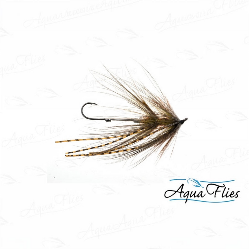 A fly fishing lure with a dark hook, brown and black feather body, and tan-and-black striped hackle feathers, shown on a white background with AquaFlies branding.