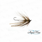 A fly fishing lure with a dark hook, brown and black feather body, and tan-and-black striped hackle feathers, shown on a white background with AquaFlies branding.