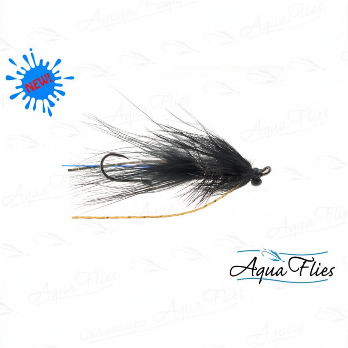 A black fly fishing lure with black hackle feathers, a blue thread accent, and a tan/gold thread tail, shown on a white background with AquaFlies branding and a blue 'NEW!' splash graphic.