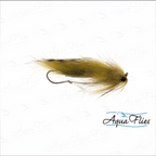 A single fly fishing lure with tan and olive-brown feathers and a dark hook, shown on a white background with AquaFlies branding.