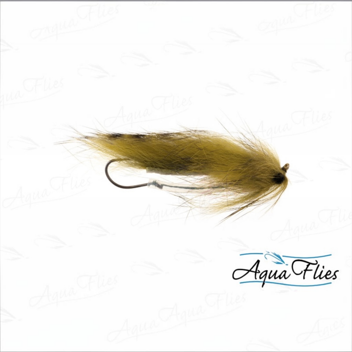 A single fly fishing lure with tan and olive-brown feathers and a dark hook, shown on a white background with AquaFlies branding.