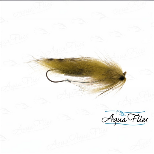 A single fly fishing lure with tan and olive-brown feathers and a dark hook, shown on a white background with AquaFlies branding.