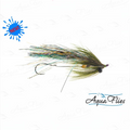 Fishing fly with Aqua Flies branding on a white background