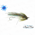 Fishing fly with Aqua Flies branding on a white background