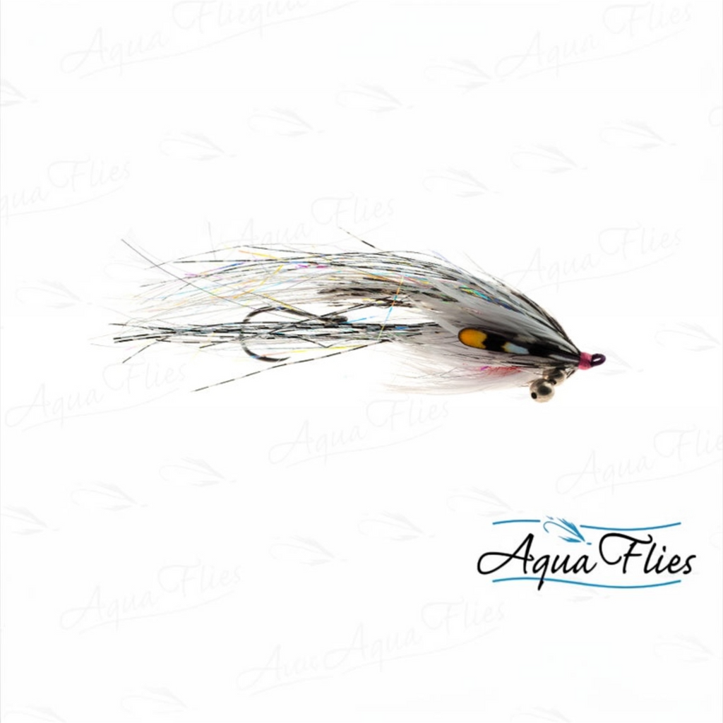 Fishing fly with white and gray body on a white background, branded 'Aqua Flies'.