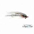 Fishing fly with white and gray body on a white background, branded 'Aqua Flies'.
