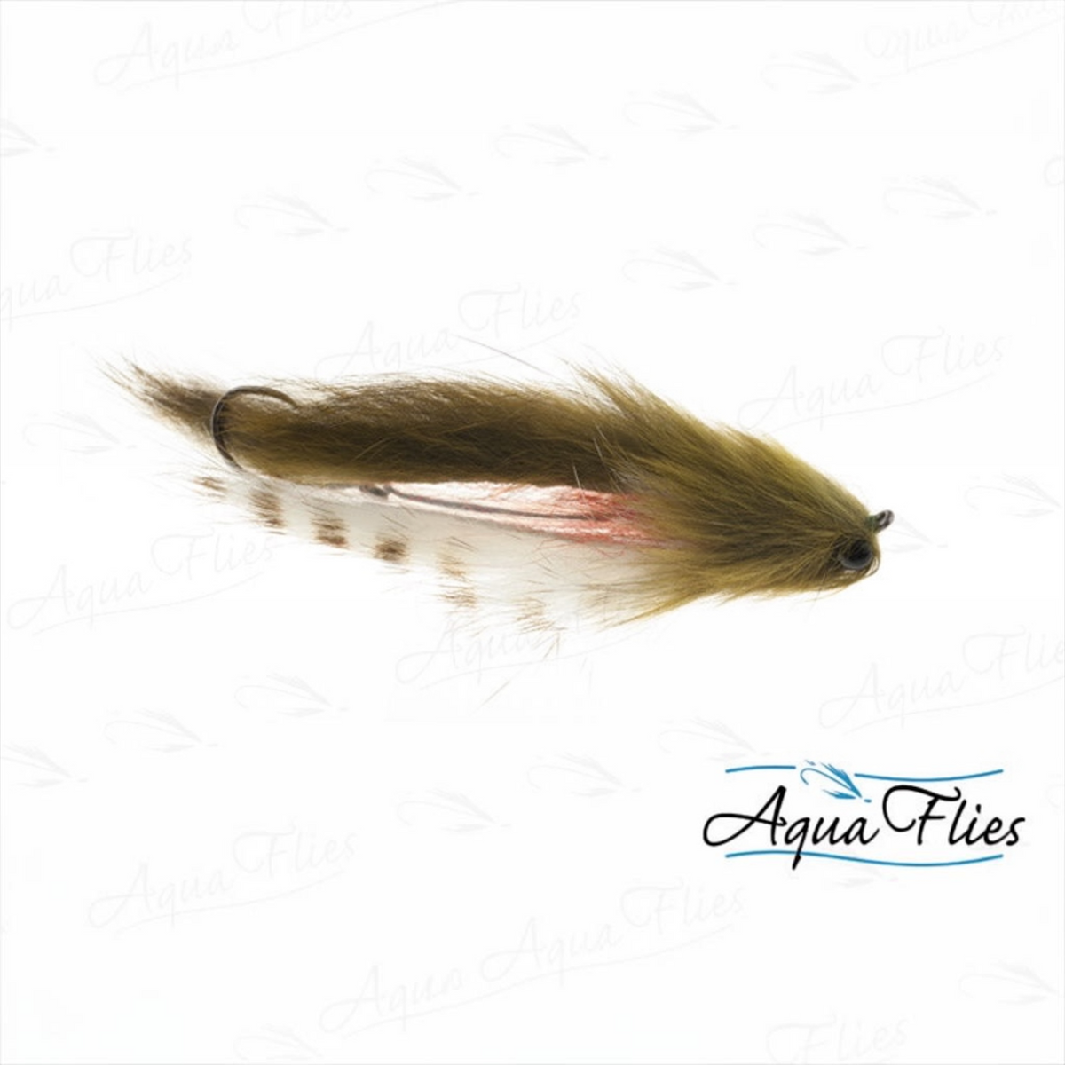 A fly fishing lure with a brown and tan feather body, white spots, and a small pinkish-red accent, shown on a white background with AquaFlies branding.