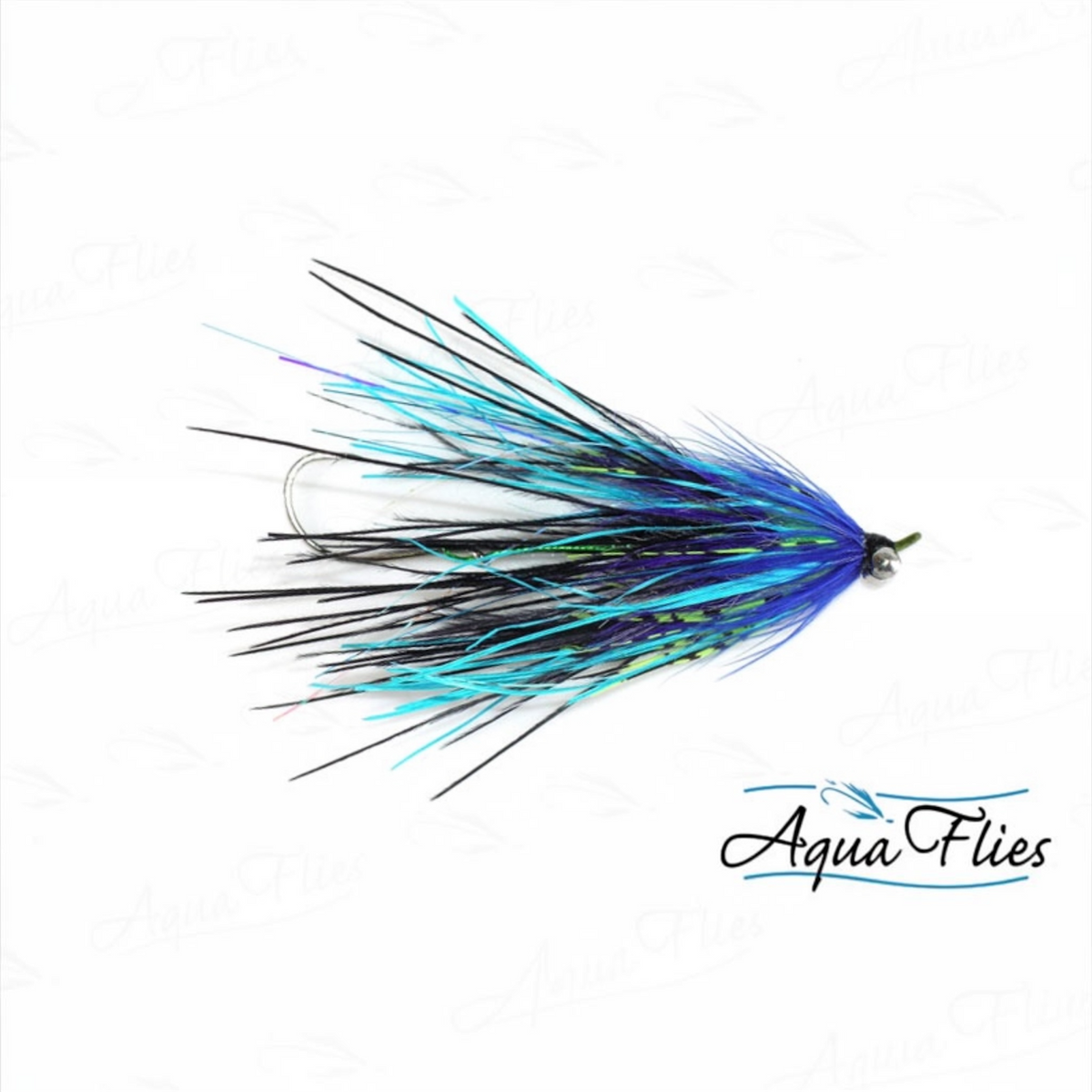 A fly fishing lure with a black body, bright blue and turquoise feathering, and subtle green accents, shown on a white background with the AquaFlies logo in the bottom right.