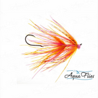 A fly fishing lure with a black hook and bright orange, pink, and yellow skirt feathers, shown on a white background with a faint repeating 'AquaFlies' watermark and logo.