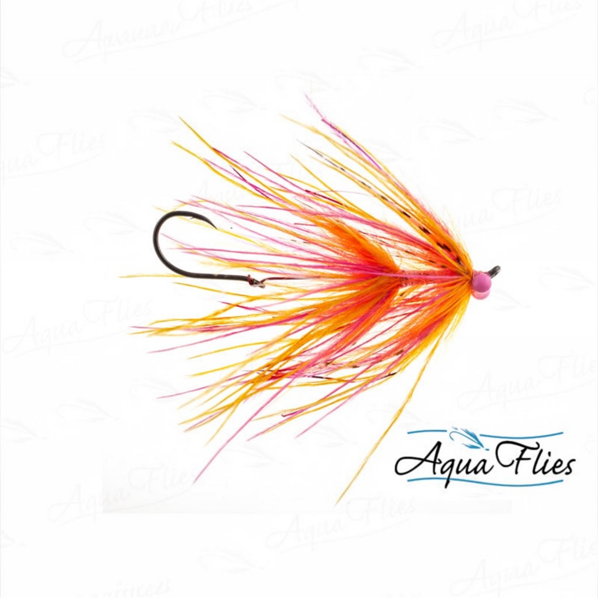 A fly fishing lure with a black hook and bright orange, pink, and yellow skirt feathers, shown on a white background with a faint repeating 'AquaFlies' watermark and logo.