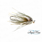 A fly fishing lure with a dark hook, white and olive-brown feathers, and yellow-tipped fibers, shown on a white background with the AquaFlies logo in the bottom right.