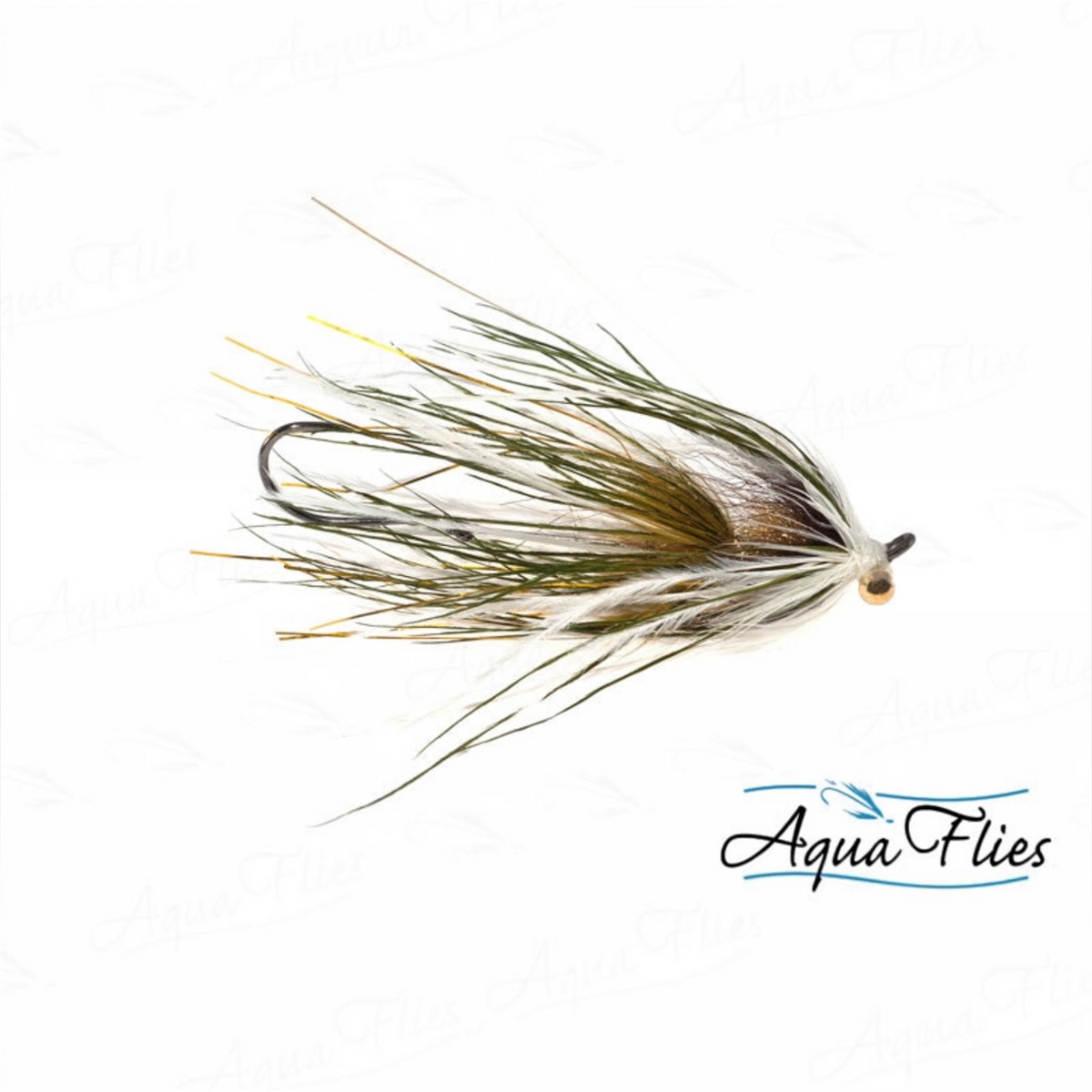 A fly fishing lure with a dark hook, white and olive-brown feathers, and yellow-tipped fibers, shown on a white background with the AquaFlies logo in the bottom right.