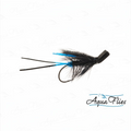 Fishing lure with black and blue details on a white background, branded 'Aqua Flies'.