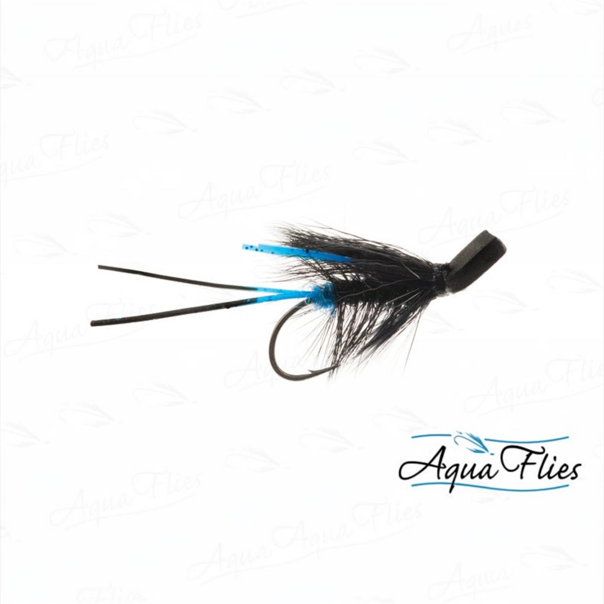 Fishing lure with black and blue details on a white background, branded 'Aqua Flies'.