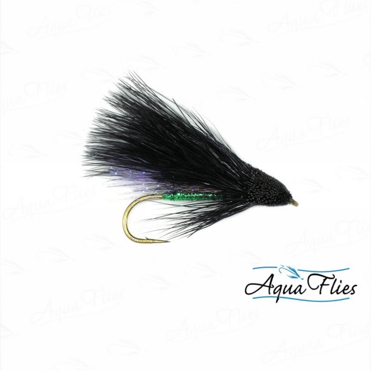 A fly fishing lure with a black hackle body, black feathers, a green glitter midsection, and a gold hook, shown on a white background with a faint repeating 'AquaFlies' watermark and a logo in the bottom right.
