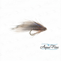A single fly fishing lure with a brown and gray feather body, a small blue feather accent, and a dark hook, shown on a white background with a faint AquaFlies watermark and logo.