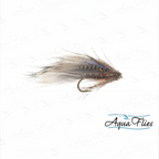 A single fly fishing lure with a brown and gray feather body, a small blue feather accent, and a dark hook, shown on a white background with a faint AquaFlies watermark and logo.