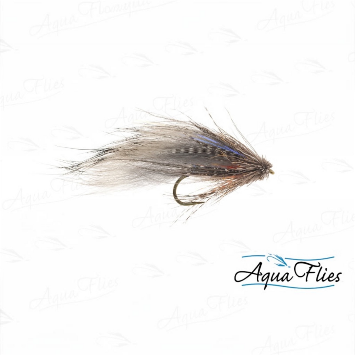 A single fly fishing lure with a brown and gray feather body, a small blue feather accent, and a dark hook, shown on a white background with a faint AquaFlies watermark and logo.