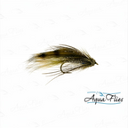 A single fly fishing lure with a brown and black body, tan hackle, and dark tail, shown on a white background with a repeating AquaFlies watermark and logo.