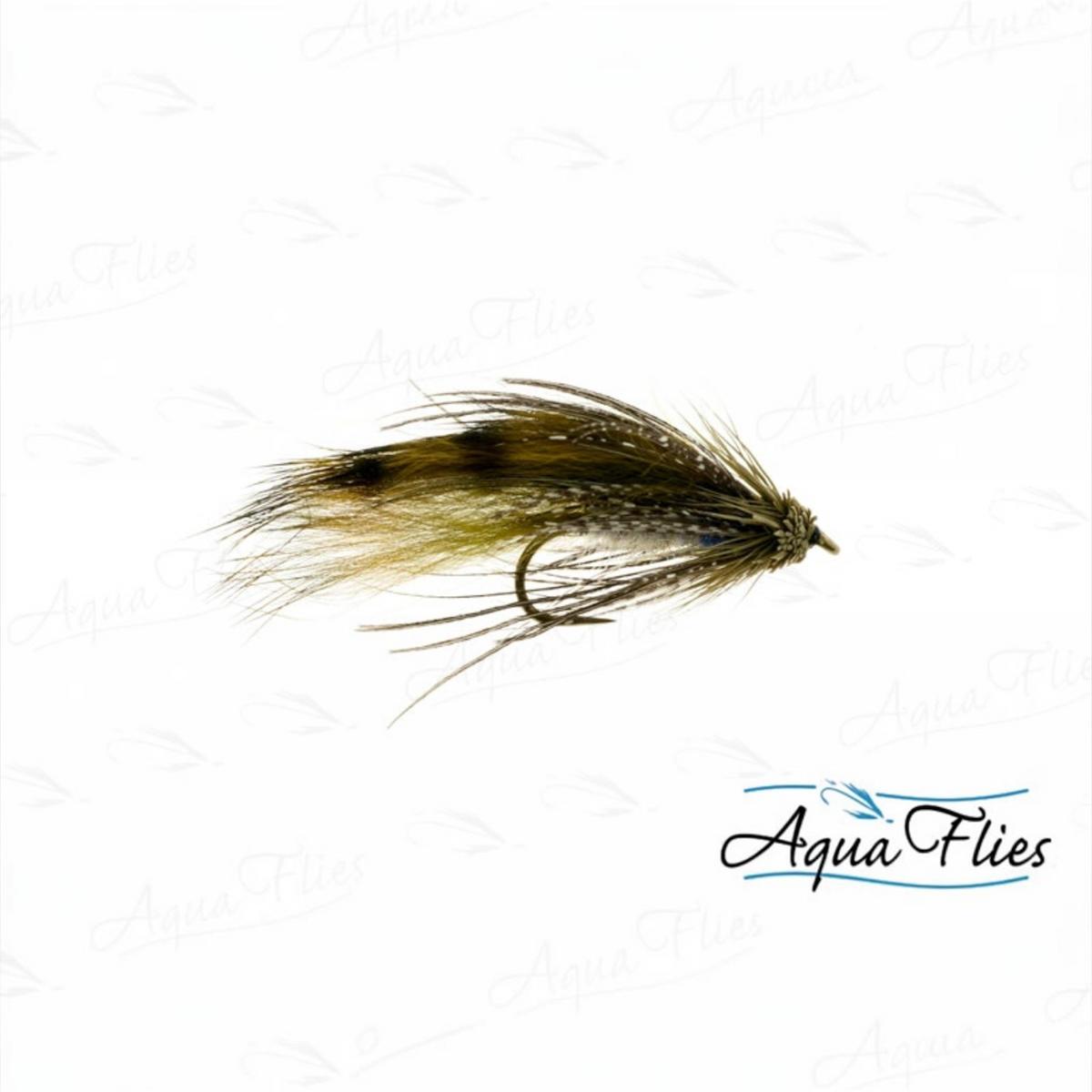 A single fly fishing lure with a brown and black body, tan hackle, and dark tail, shown on a white background with a repeating AquaFlies watermark and logo.